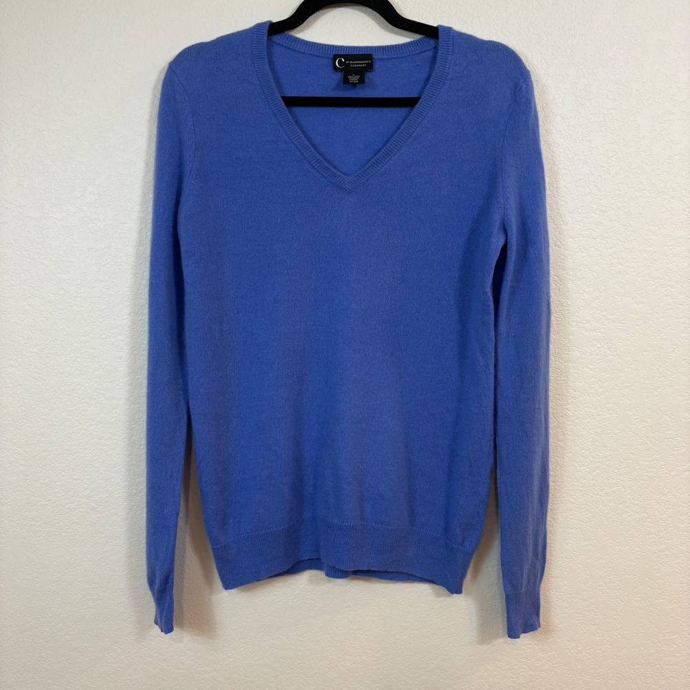 C by Bloomingdale's V-Neck Sweater Women L Blue 100% 2-Ply Cashmere Classic